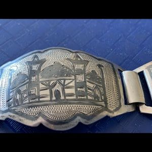 Silver tone panel bracelet, 5 etched panels